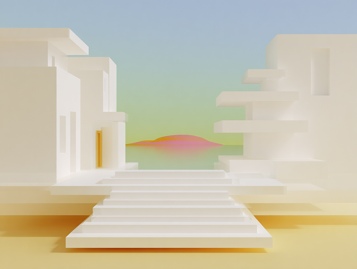 Courbe sculpturale au premier plan, série de barres basses au milieu, plaques et fines colonnes à l'arrière, surfaces mates beiges.