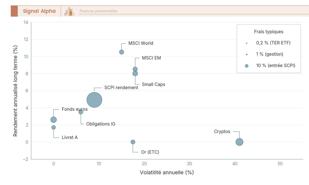 Diagramme à bulles positionnant neuf classes d'actifs sur axes volatilité annuelle et rendement annualisé long terme en EUR, taille de bulle proportionnelle aux frais courants.