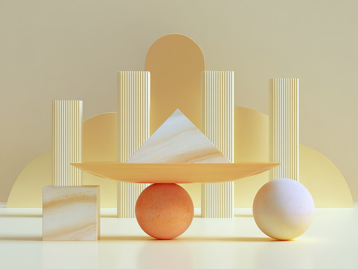 #1 alt_description
Platte mit eingeätzten Linien im Vordergrund, fünf gestaffelte matte Kubus-Stacks im Mittelgrund, schlanke Säule im Hintergrund, beige Tonalität, weiche Schatten.

#2 alt_description
Länglicher metallischer Block auf Sockel im Vordergrund, regelmäßiges Feld kleiner Würfel im Mittelgrund, flache hintere Flächen und Arkade im Hintergrund.

#3 alt_description
Slim obélisque central sur socle, deux petits podiums avant, plaques murales rectangulaires en arrière-plan, surfaces mates beiges.

#4 alt_description
Module rectangulaire en avant, réseau de pistes et nœuds en relief au milieu, chip central surélevé, plaques horizontales en arrière-plan, tons beiges.