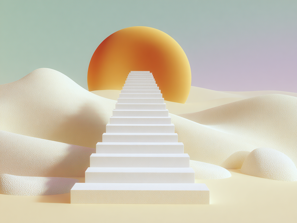 #1 alt_description
Plates empilées étagées au premier plan, cylindre mince flottant au centre, grande plaque verticale texturée en arrière-plan, ombres longues, palette sable.

#2 alt_description
Rangée de prismes verticaux sur un socle, ruban ondulé au milieu, surface plane arrière avec rainures horizontales, éclairage doux.

#3 alt_description
Ordinateur rétro minimaliste avec écran incurvé montrant formes en relief, clavier cubique bas, demi-panneau perforé en arrière-plan.

#4 alt_description
Pyramide étagée de plateformes plates au premier plan, colonne mince avec repères au milieu, surface au fond avec anneaux concentriques.