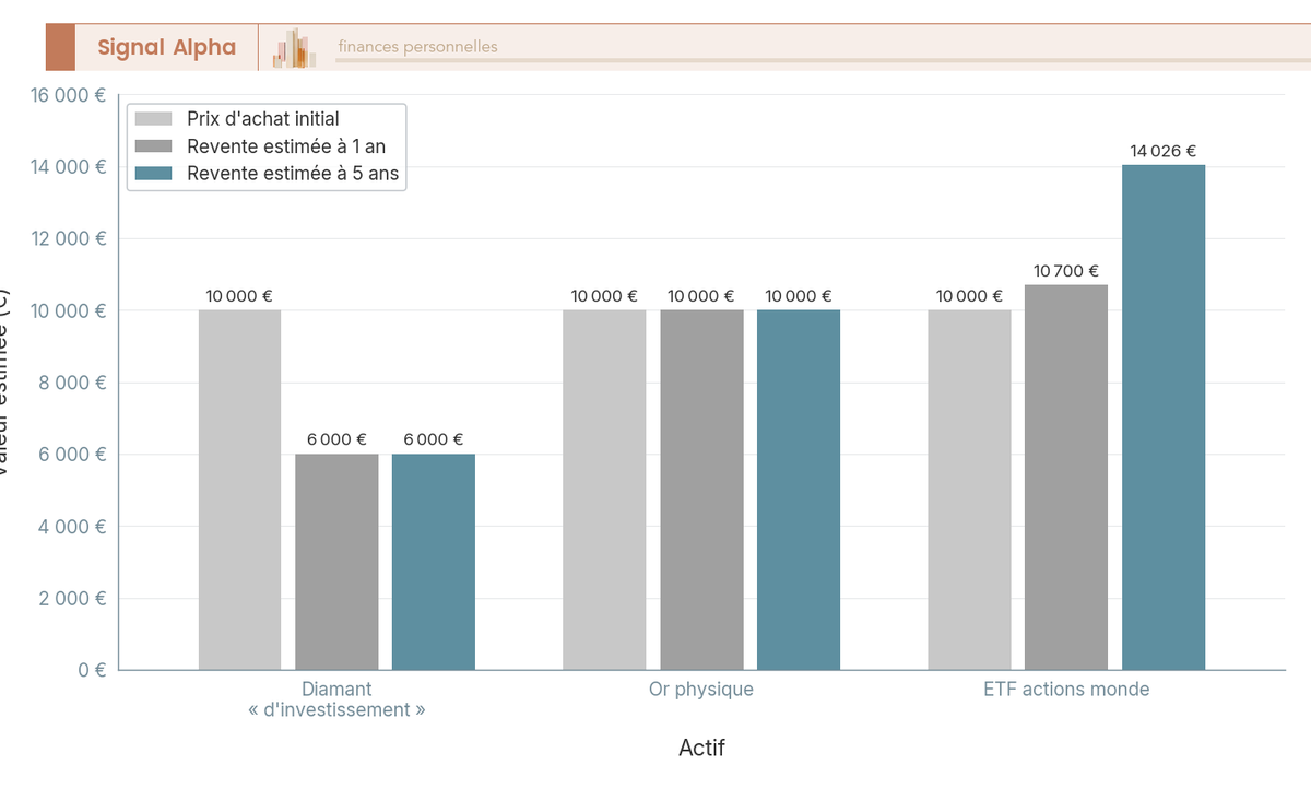 Diagramme à barres comparant prix d'achat et valeur de revente à 1 an et 5 ans pour le diamant, l'or physique et un ETF sur base 10 000 €.