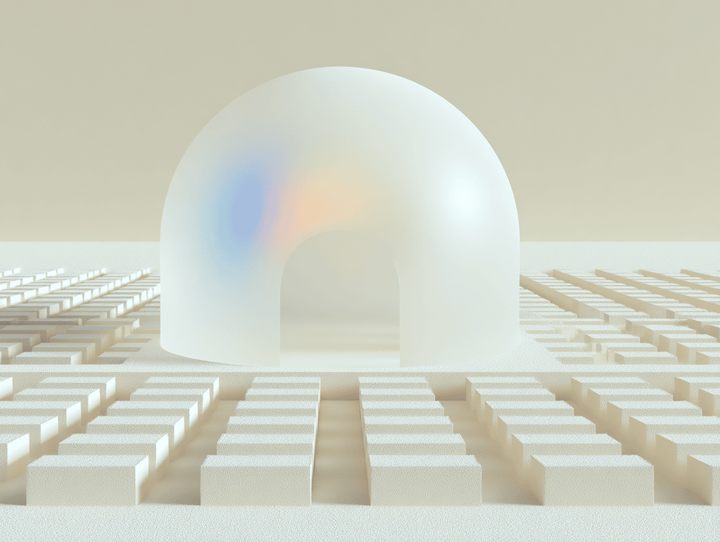 Cloche de verre dépoli translucide percée d'une ouverture en arche à sa base, posée au centre d'une grille de blocs beiges sur fond sable, léger reflet irisé bleu et orangé à l'intérieur.