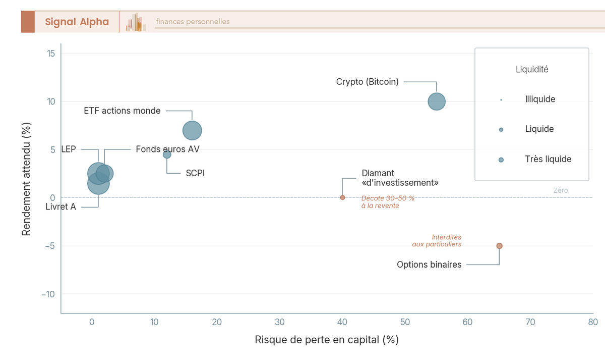 Diagramme à bulles comparant risque, rendement et liquidité de 8 placements (livrets, ETF, SCPI, crypto, diamant, options binaires), avec le diamant et les options binaires comme outliers.