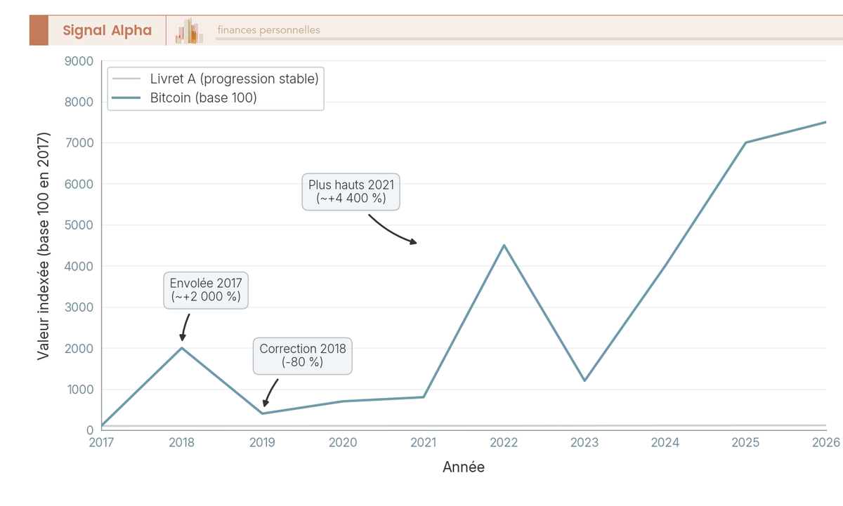 Graphique en courbes normalisées base 100 comparant la volatilité du Bitcoin et la progression stable du Livret A de 2017 à 2026.