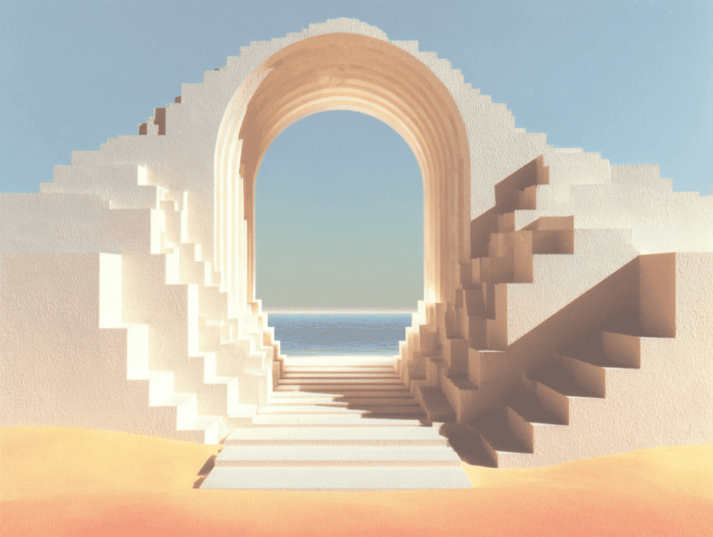 Arche 3D beige en blocs ouverte sur une mer à l'horizon, escalier qui monte à droite et marches qui descendent à gauche, sol sableux et ciel bleu clair.