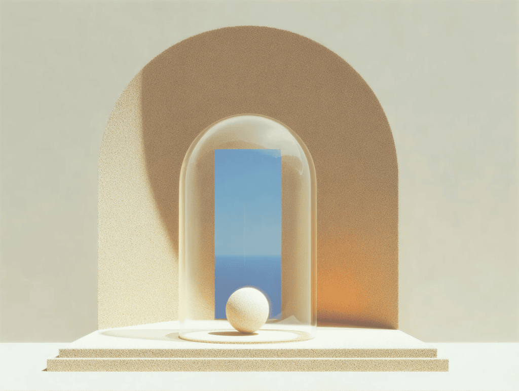 Deux arches beige imbriquées en relief sur fond sableux, encadrant une petite ouverture rectangulaire sur un ciel bleu et un horizon marin, avec une sphère blanche posée sur une plateforme basse.