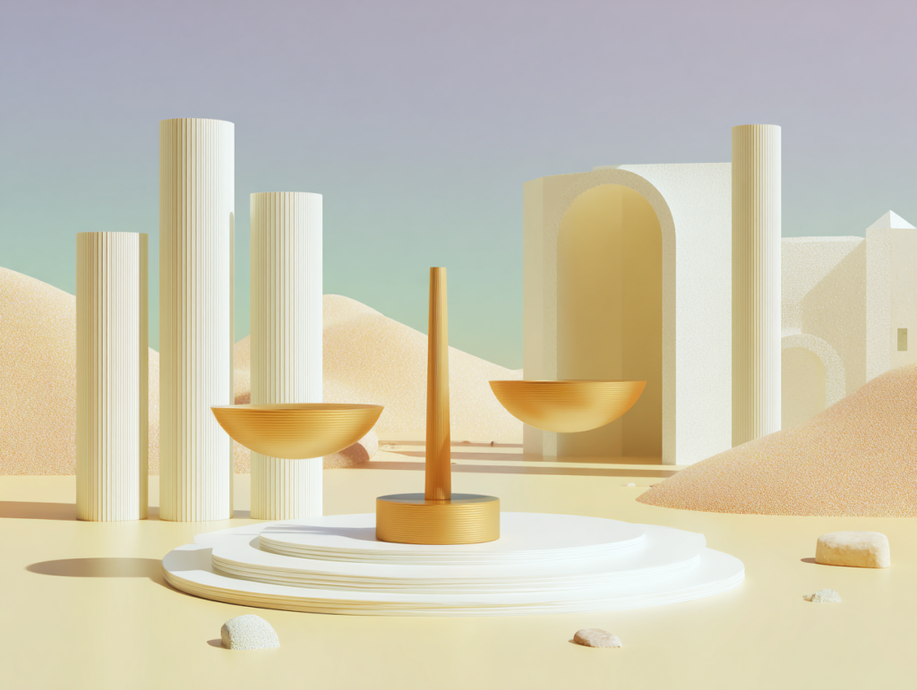 Illustration 3D minimaliste en tons beige — composition abstraite de volumes étagés et d'un portique solitaire évoquant une progression structurée vers un espace protégé