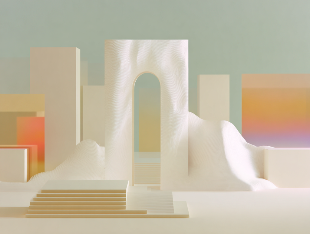 Scène abstraite aux tons pastel montrant une grande arche blanche, des marches et des formes géométriques baignées d’une lumière douce.