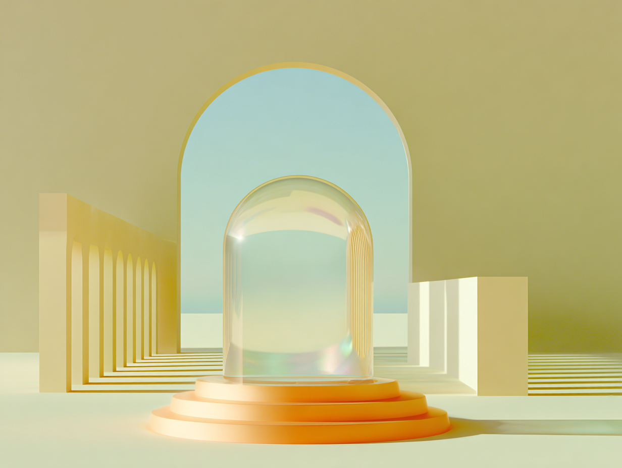 Illustration 3D minimaliste en tons beige — composition abstraite de paliers géométriques superposés évoquant la protection par seuils et la transmission patrimoniale