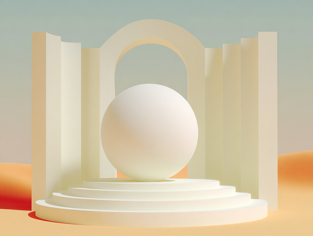 Sphère lisse au centre d'une plateforme circulaire, entourée d'un anneau de dalles rectangulaires inclinées vers l'intérieur, deux colonnes isolées en arrière-plan