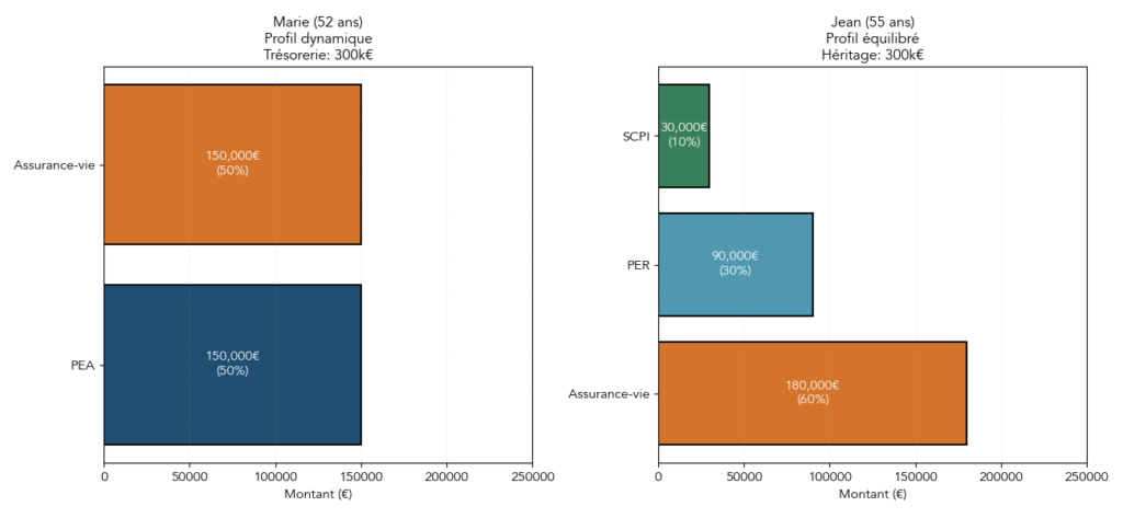 Graphiques comparant l'allocation recommandée pour Marie, profil dynamique, et pour Jean, profil équilibré, en montants et en pourcentages.