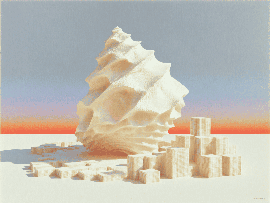 Grande forme conique crème à spirale dentelée posée sur une plaine blanche, entourée de petits cubes quadrillés ; ciel dégradé du bleu-gris à l'orange à l'horizon.