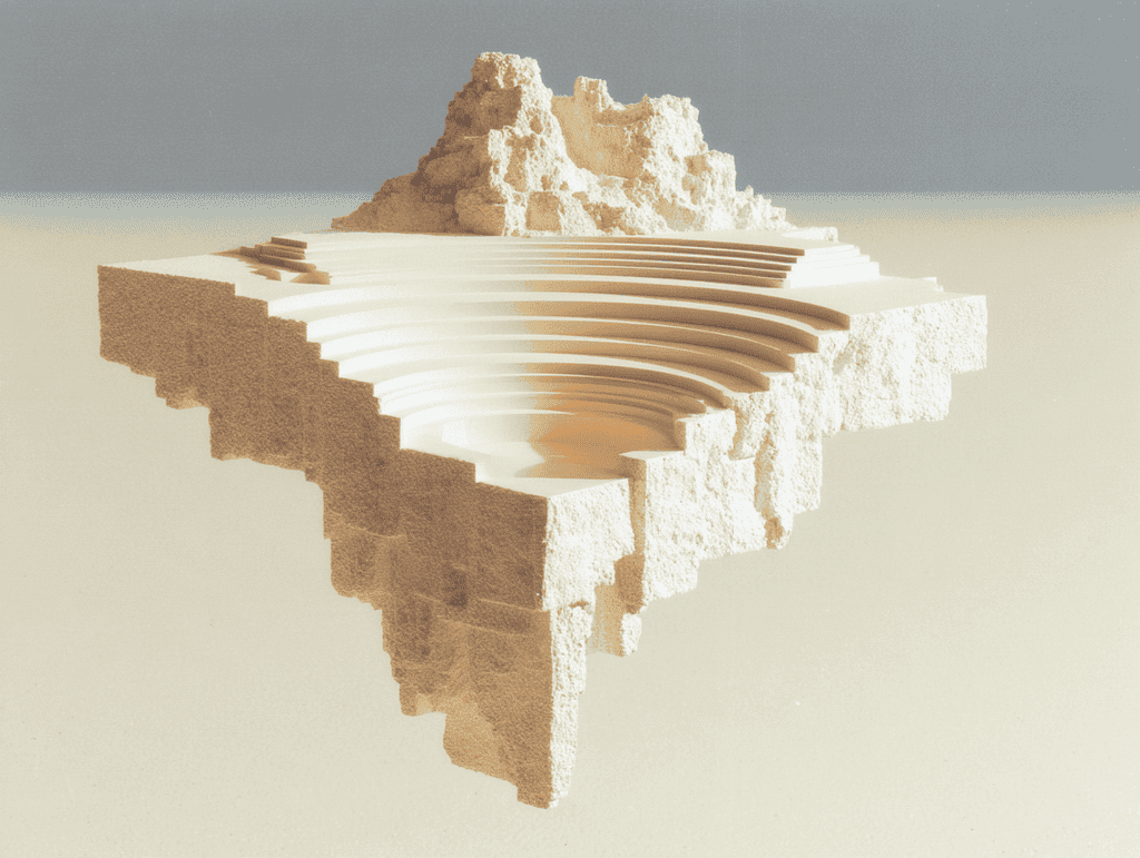 Bloc de sable en lévitation, à gradins descendants, sa surface creusée d’anneaux concentriques ; un relief rocheux se dresse à l’arrière, sur fond beige et bande de ciel gris.