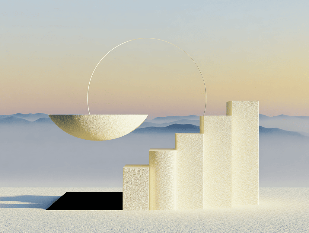 Colonnes beige de hauteur croissante près d’un cercle fin et d’un demi-disque doré, sur un horizon brumeux bleuté ; une ouverture rectangulaire sombre au premier plan à gauche.