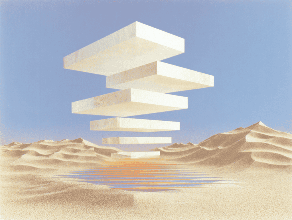 Six dalles rectangulaires claires de tailles décroissantes empilées en décalé au-dessus de dunes de sable, leur reflet strié dans une nappe d’eau, ciel bleu