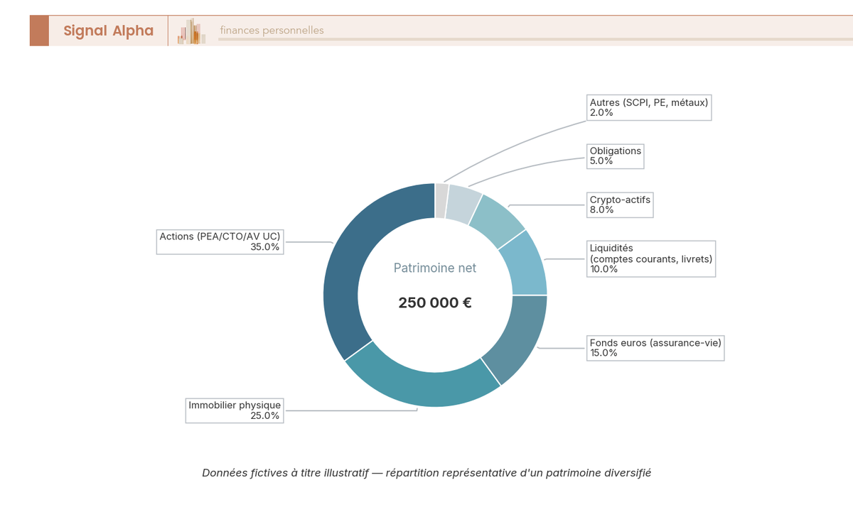 Diagramme en anneau illustrant la répartition d'un patrimoine diversifié par classe d'actifs dans l'application Finary.