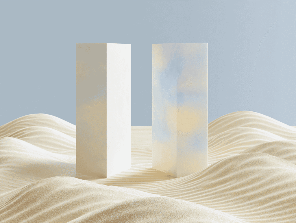 Deux hautes colonnes translucides aux reflets nacrés irisés, dressées sur des dunes de sable pâle ondulées, sous un ciel bleu-gris doux