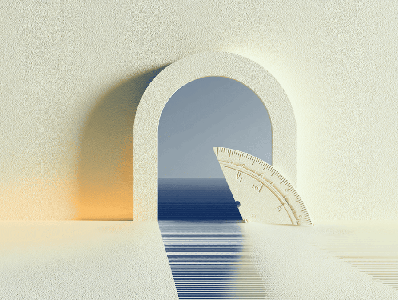 Rapporteur semi-circulaire posé dans une arche blanche ouvrant sur un horizon marin, tons crème et bleu pastel