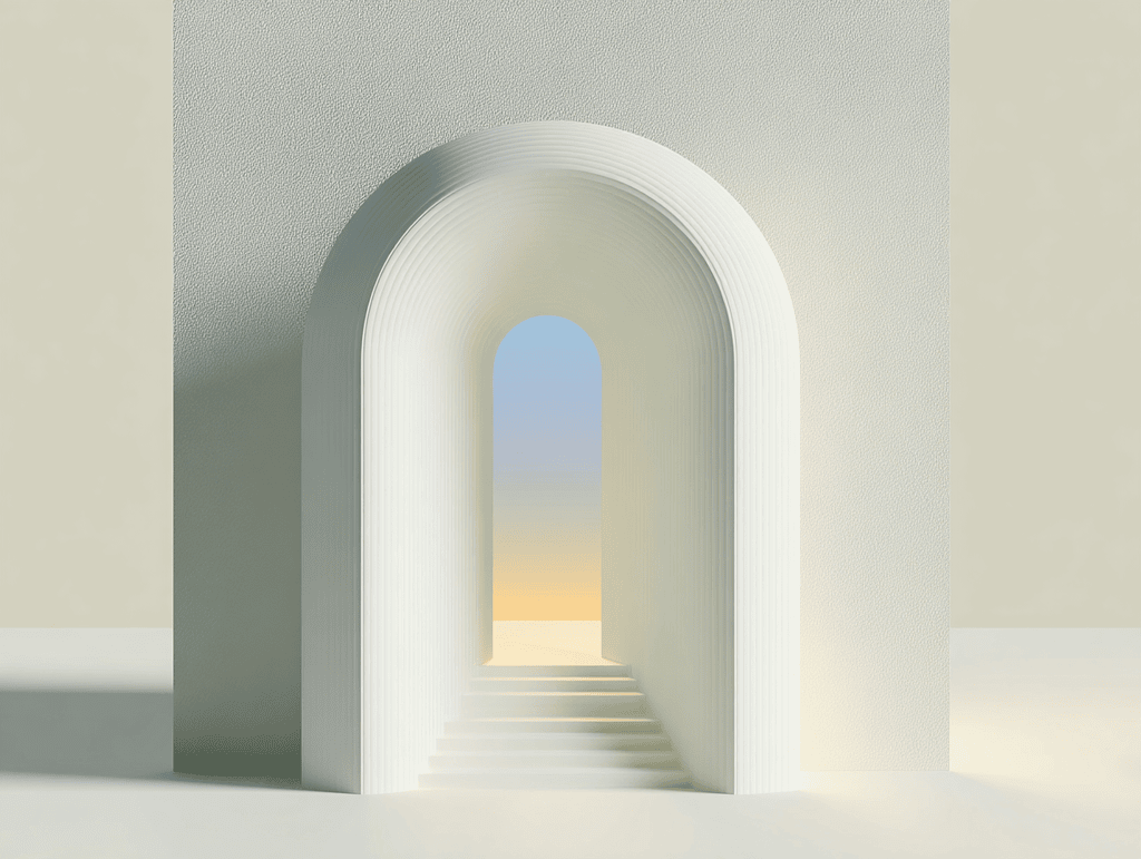 Arche minimaliste en béton clair ouvrant sur un escalier et un horizon doré, composition centrée sur fond beige