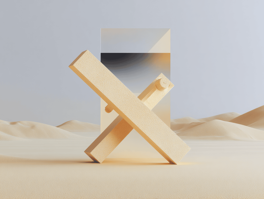 Structure en X en bois clair posée sur un sol sableux, surmontée d'un cube semi-transparent aux reflets gris et dorés, sur fond de dunes beiges