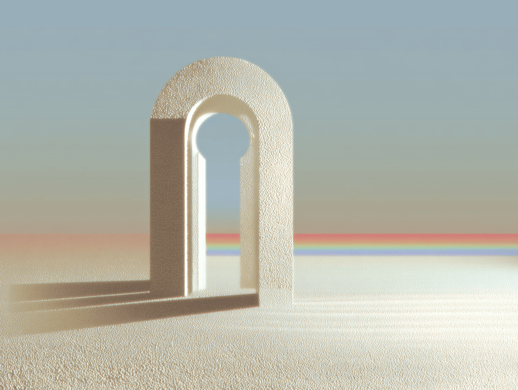 Arche beige en forme de trou de serrure posée sur une étendue sablonneuse, longue ombre portée à gauche, ciel dégradé bleuté et fin bandeau arc-en-ciel à l’horizon.