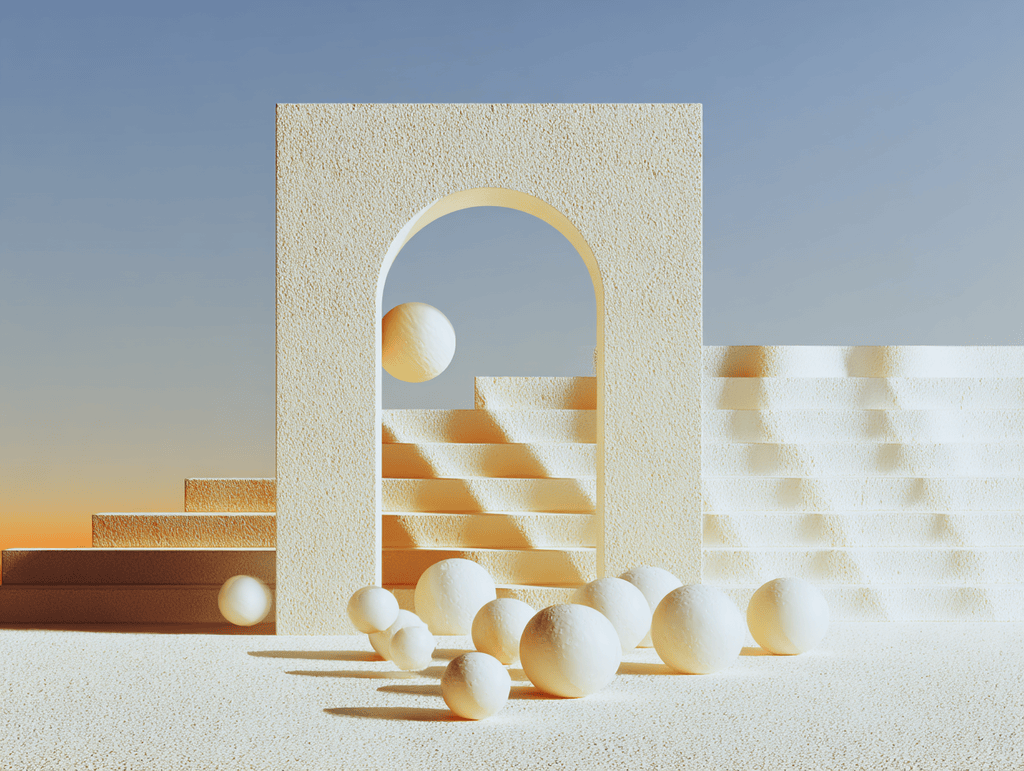 Composition 3D beige : une arche centrale encadre un escalier, plusieurs sphères crème posées au sol et un volume en gradins à droite, sur fond de ciel dégradé du bleu au sable.