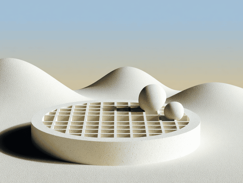 Grille circulaire à mailles carrées posée sur un socle rond, deux sphères blanches dessus, devant des dunes beige sous un ciel bleu pâle, rendu 3D monochrome sablé.