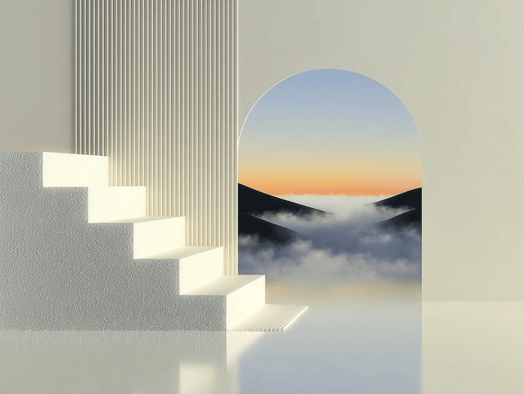 Escalier blanc géométrique à gauche avec ombre portée, arche cintrée ouvrant sur un paysage de montagnes et nuages au coucher de soleil, fond beige clair
