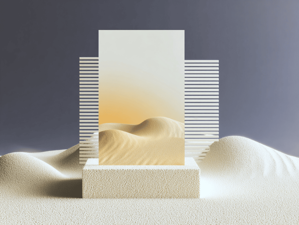 Panneau rectangulaire central sur fond sableux avec dunes ondulées, encadré de grilles à lignes horizontales sur un socle géométrique beige