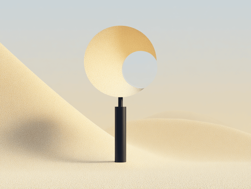 Colonne cylindrique noire surmontée d'un croissant doré ajouré, posée sur un paysage de dunes de sable beige sous un ciel en dégradé clair