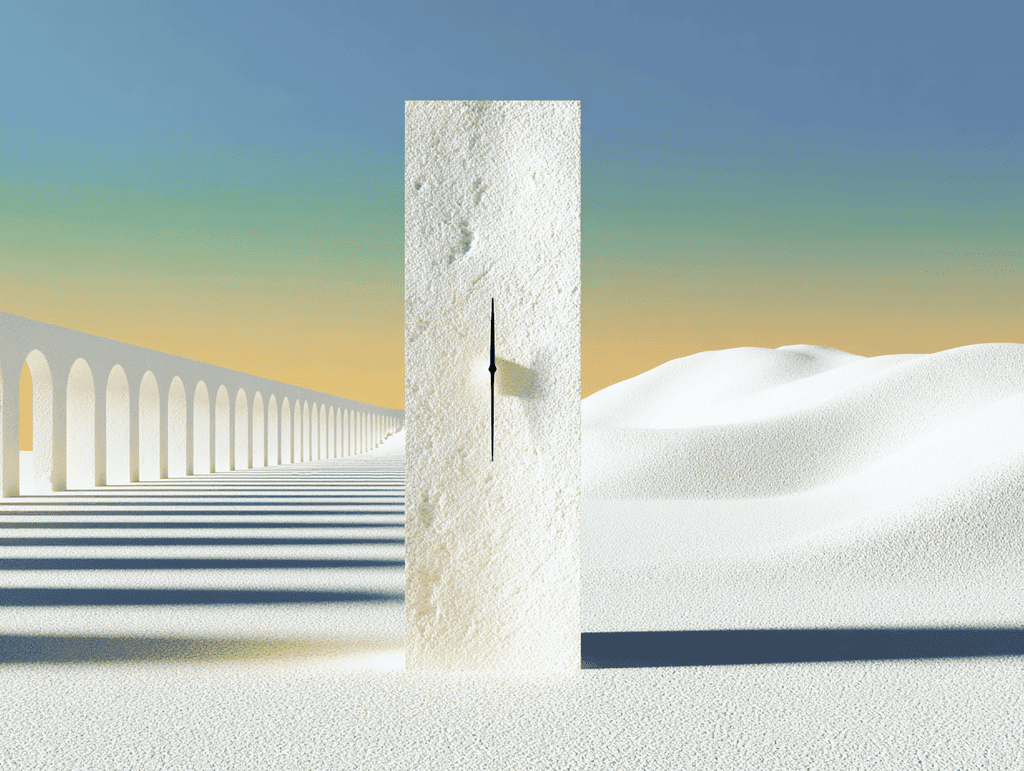 Monolithe blanc à fente verticale centré sur un paysage de sable, encadré par deux rangées d'arches blanches en perspective sous un ciel dégradé