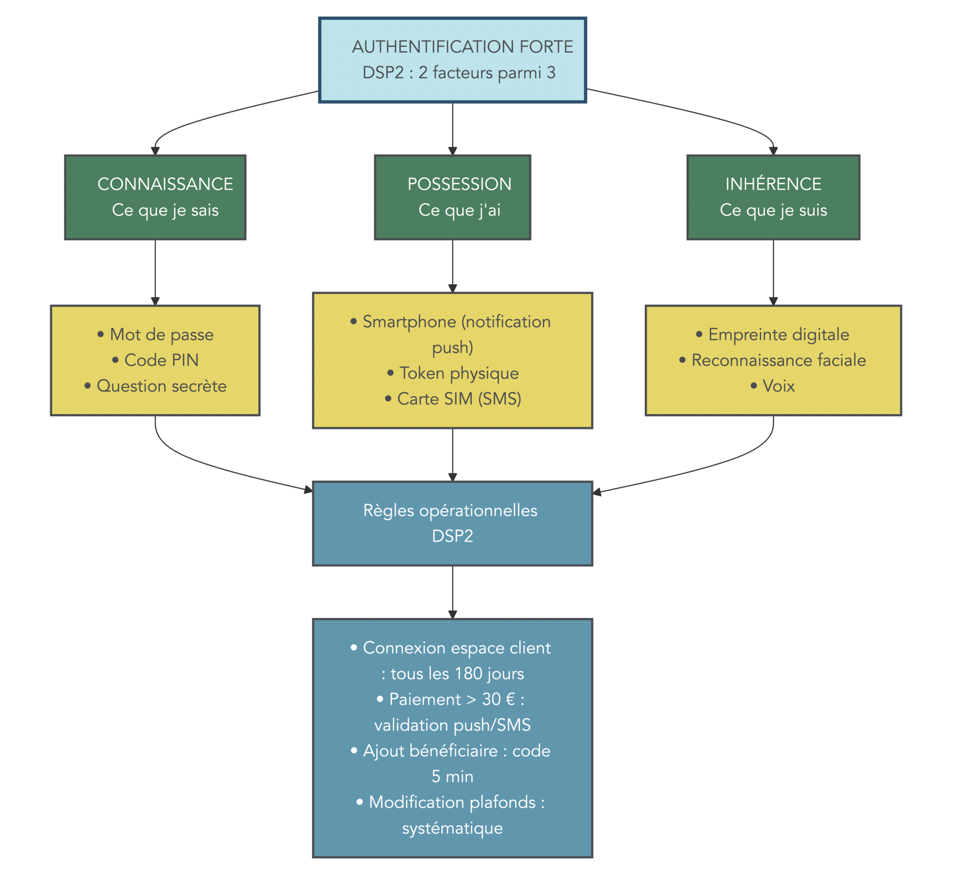 Diagramme a trois cercles explicatif des categories d'authentification forte (connaissance, possession, inherence) avec exemples pratiques (mot de passe, notification push, empreinte) et regles operationnelles DSP2 pour aider le lecteur a comprendre pourquoi certaines operations demandent double verification.