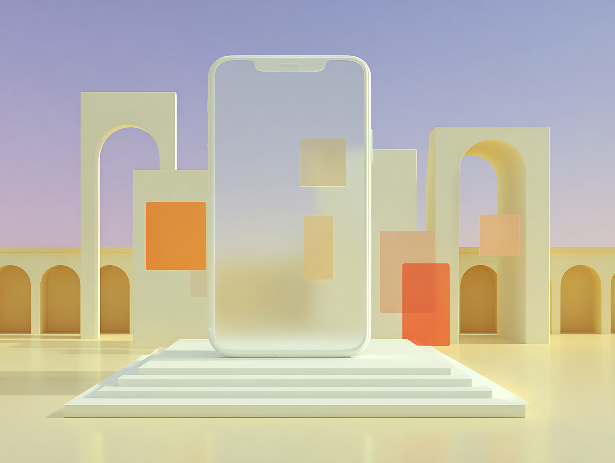 Smartphone incliné au premier plan, panneaux rectangulaires translucides au-dessus de l'écran au milieu, grande dalle texturée en arrière-plan, surfaces mates.
