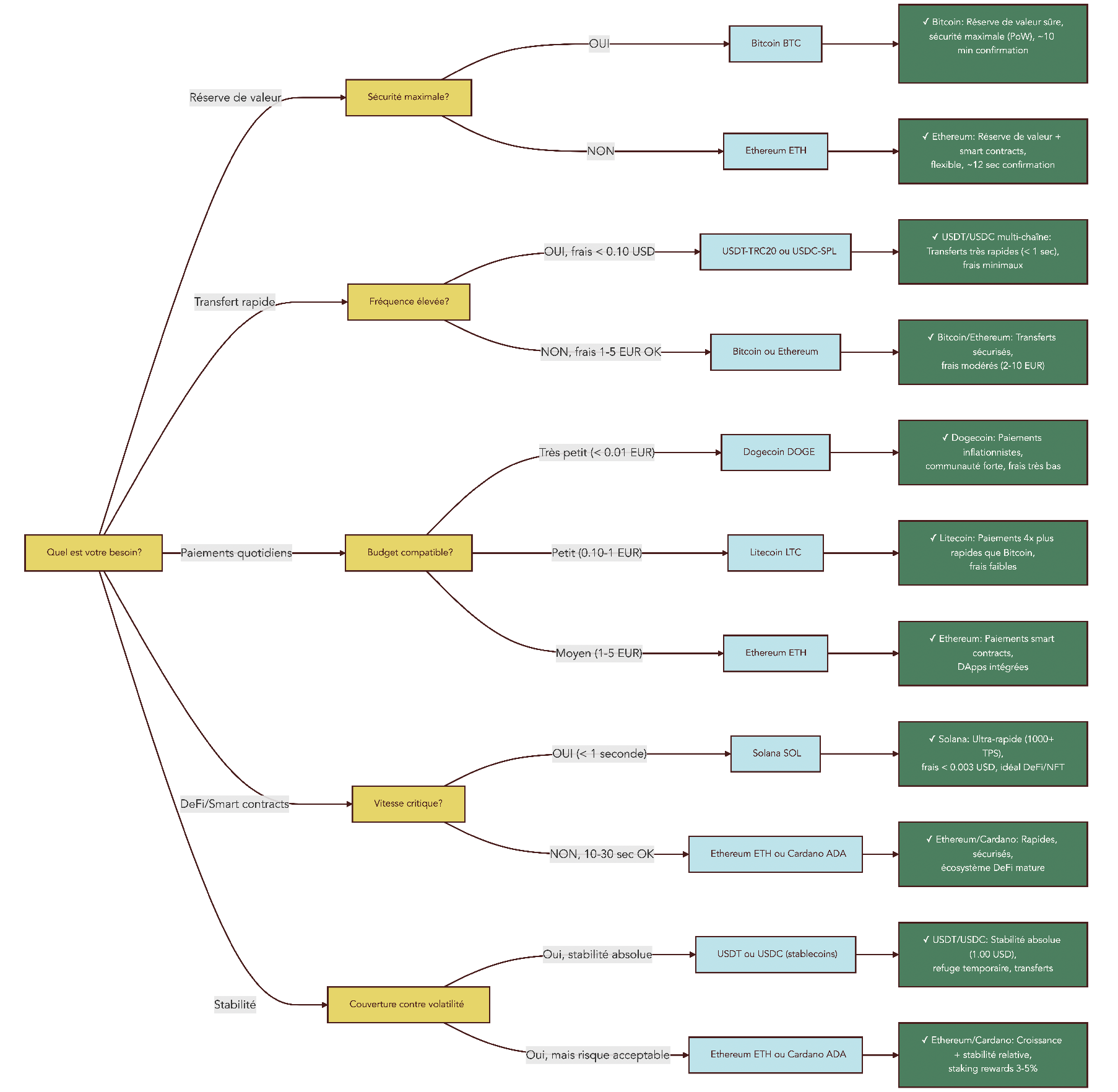 Arbre de décision guidant le choix entre coin ou token selon l’usage visé (épargne long terme, trading, DeFi, metaverse), le montant et les frais de transaction.