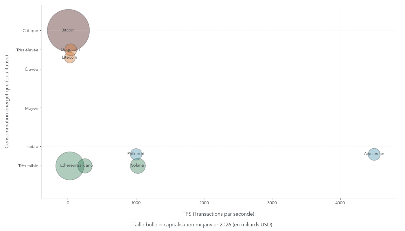 Graphique à bulles comparant Bitcoin, Litecoin, Dogecoin, Ethereum, Cardano, Solana, Polkadot et Avalanche selon leur vitesse de transaction et leur consommation énergétique.