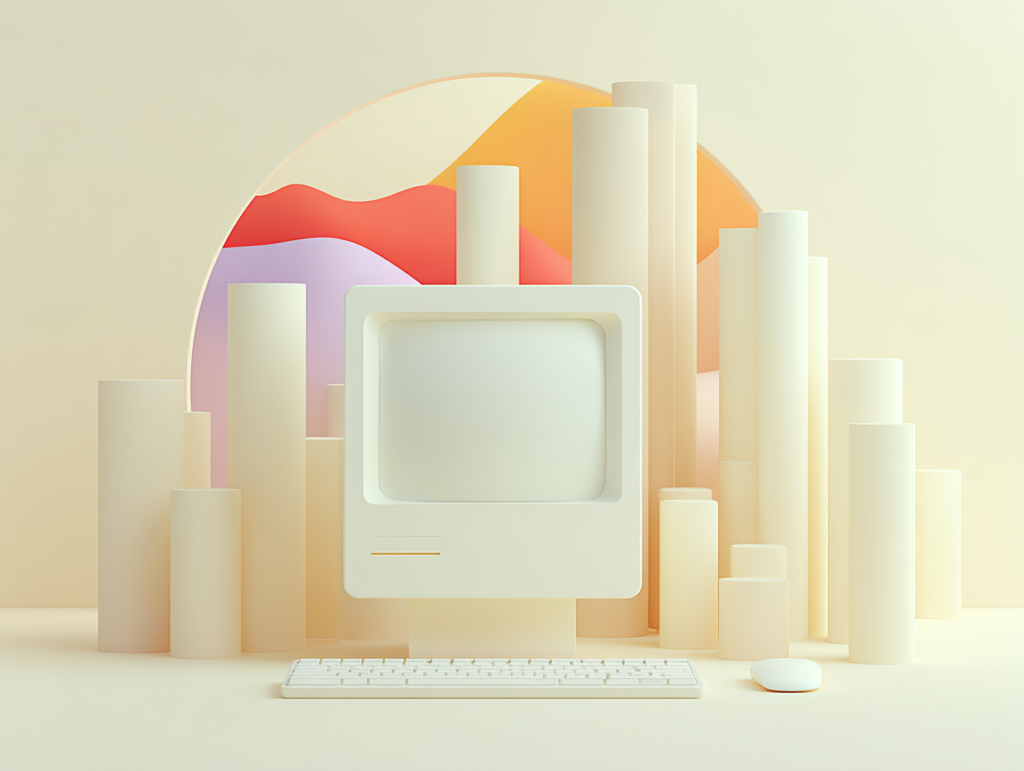 Ordinateur rétro minimaliste beige (boîtier CRT) posé sur clavier plat, au fond barres verticales stylisées, surfaces mates.