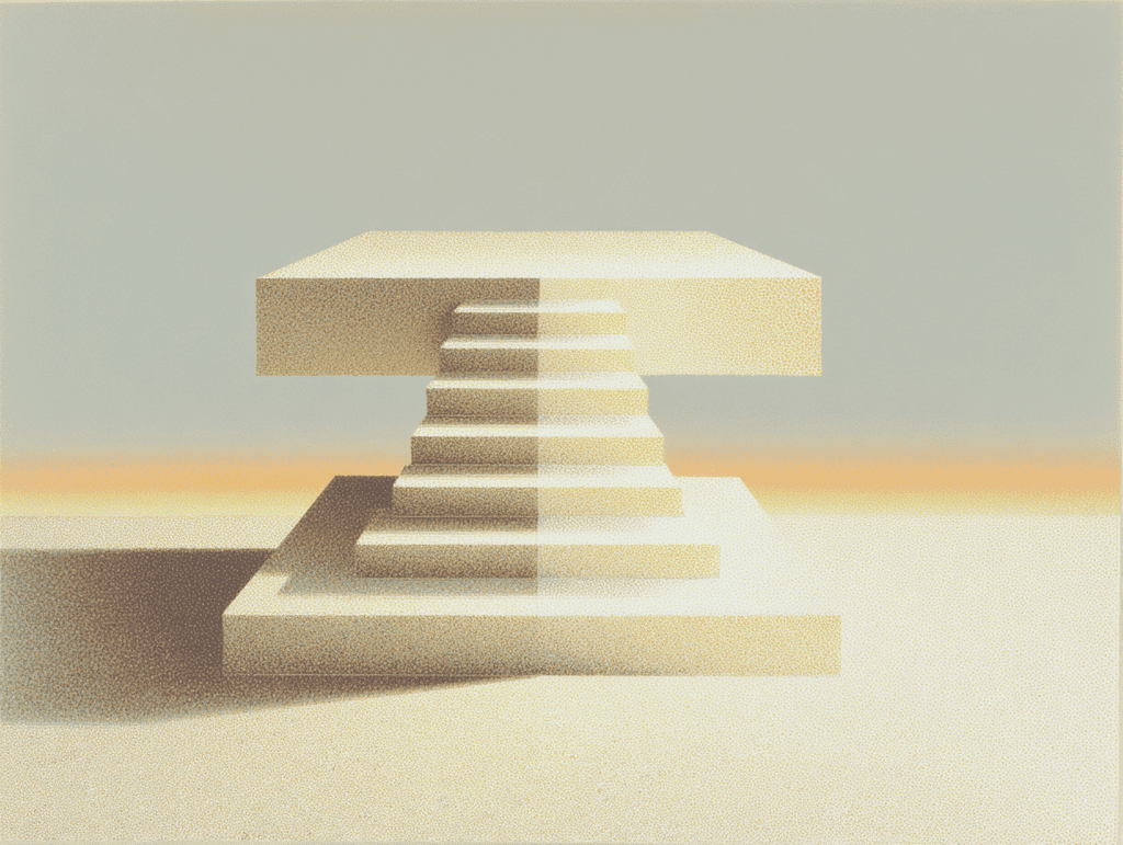 Escalier en gradins beige sable surmonté d'une large dalle horizontale plate, posé sur un sol clair, ombre douce projetée et fine bande d'horizon chaude en arrière-plan.