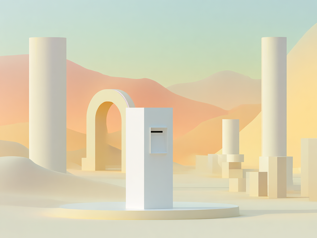 Illustration 3D minimaliste en tons beige — composition abstraite évoquant la transition bancaire, le transfert de flux et la réorganisation ordonnée d'un patrimoine financier