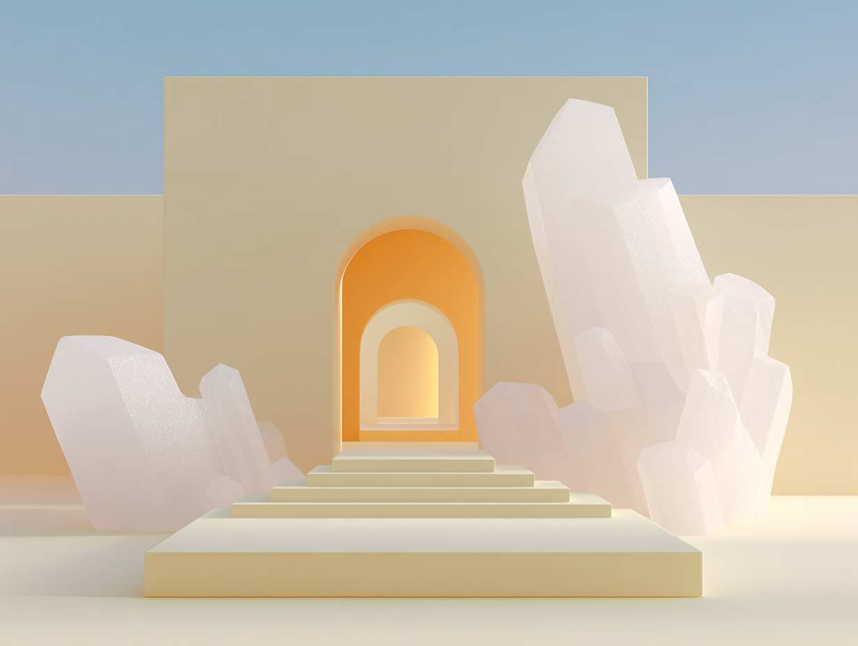 Trois contenants en verre taillé empilés sur un socle, surfaces mates beige, facettes, espace vide autour, plaque murale en arrière-plan.