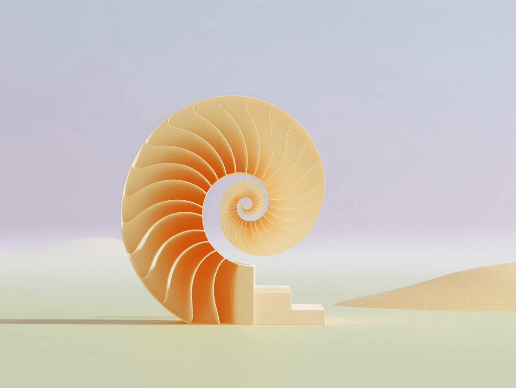 Coquille de nautile 3D en spirale logarithmique posée sur un socle géométrique, palette beige et or sur fond sable et ciel lavande