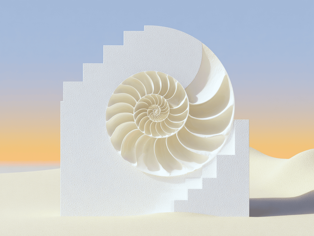 Coquille de nautile en spirale logarithmique enchâssée dans un bloc à gradins blancs, sur fond de dunes sableuses et ciel pastel
