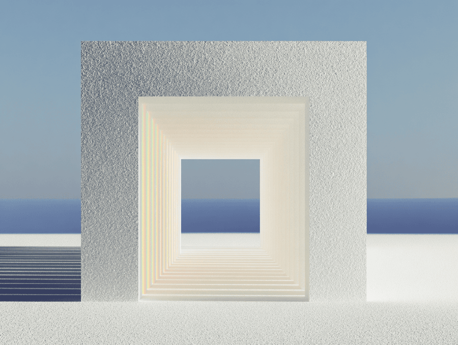 Cadres carrés imbriqués formant un tunnel en perspective sur fond de ciel bleu et horizon marin, surface texturée blanche et reflets irisés