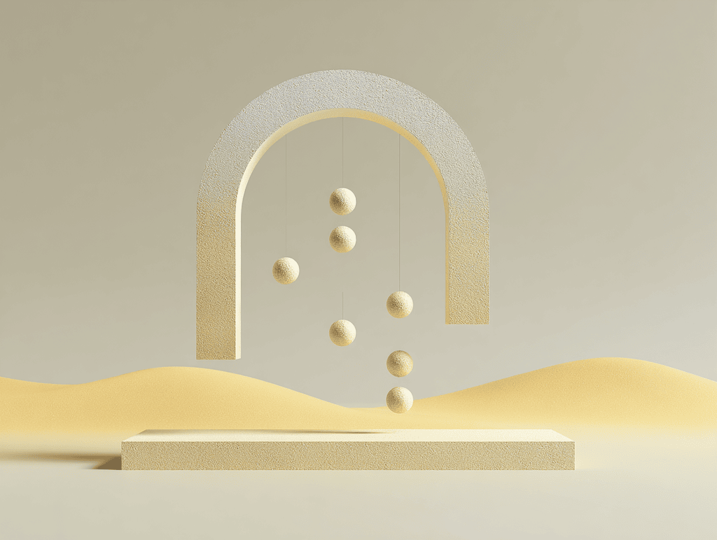 Cinq sphères dorées suspendues sous une arche texturée, posées sur un socle rectangulaire devant des dunes ondulantes dans une palette sable et beige