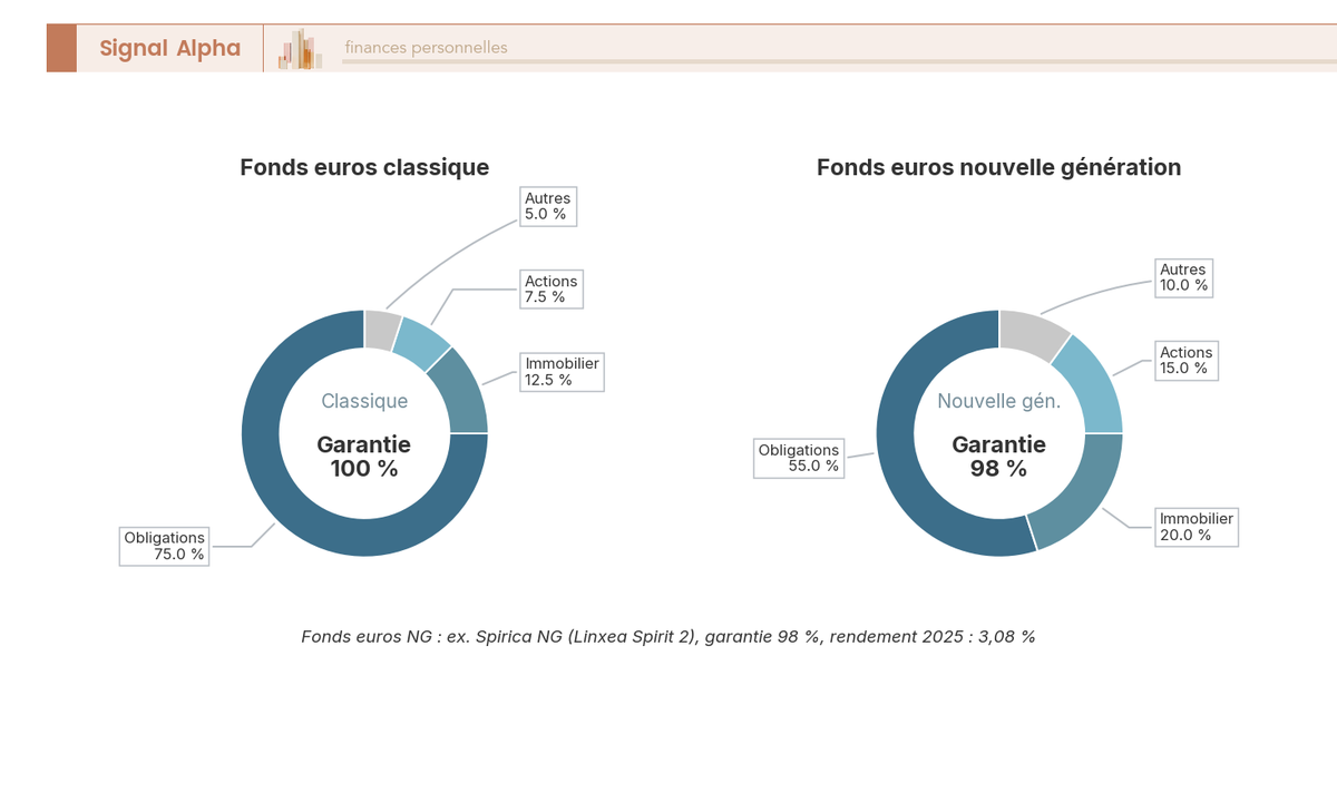 Deux anneaux côte à côte comparant la composition d'un fonds euros classique (70-80 % obligations, garantie 100 %) vs. nouvelle génération (50-60 % obligations, garantie 98 %).