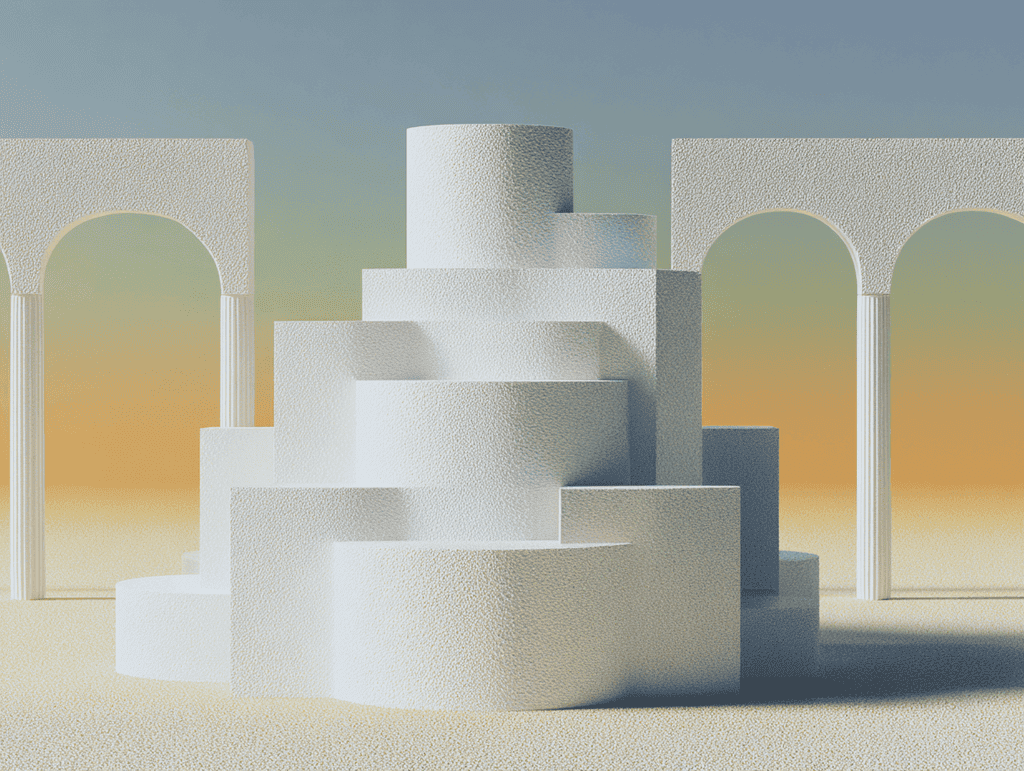 Volumes géométriques blancs empilés en escalier central, encadrés par trois arches sur fond dégradé sable et bleu pâle