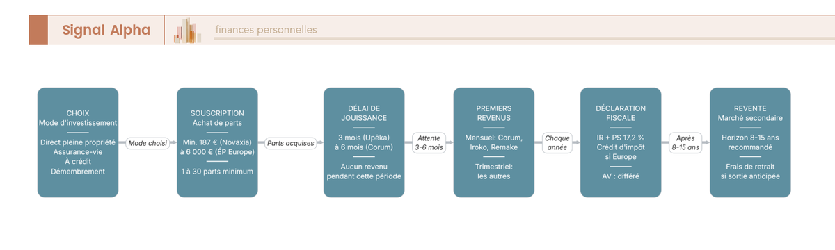 Diagramme de flux linéaire illustrant les 6 étapes du cycle d'investissement SCPI : choix, souscription, délai de jouissance (3-6 mois), premiers revenus, déclaration fiscale, revente.