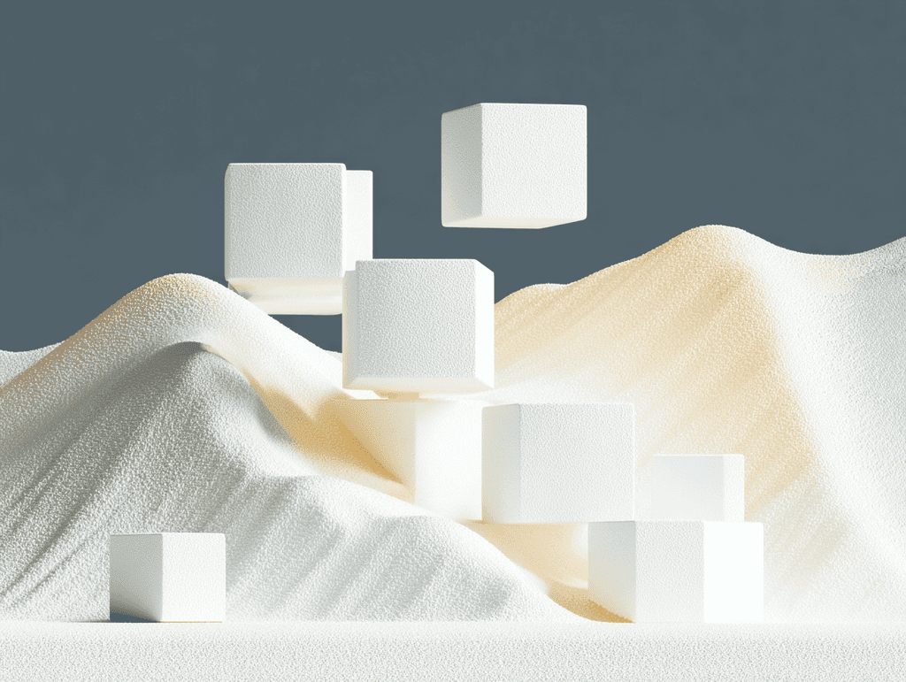 Cubes blancs texturés de tailles variées disposés en escalier sur un paysage de dunes ondulées beige et blanc, fond gris-bleu