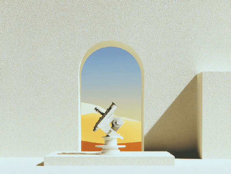 Théodolite blanc posé sur un socle devant une arche cintrée ouvrant sur des dunes sable et ciel bleu dégradé, mur texturé beige et ombre portée à droite.