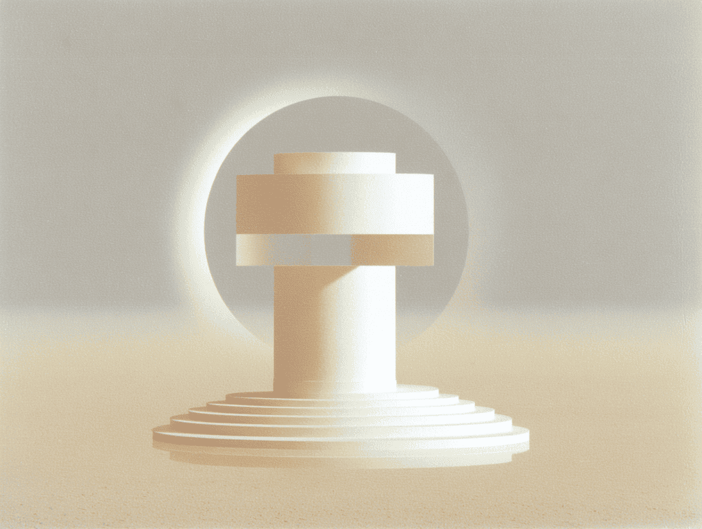 Colonne cylindrique blanche surmontée d'un disque large, posée sur une volée de marches concentriques, devant une arche circulaire lumineuse. Composition symétrique sur fond sableux mat.