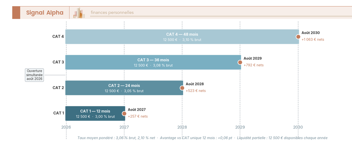 Frise chronologique annotée représentant la stratégie de laddering avec 4 CAT Klarna de durées différentes ouverts simultanément en août 2026. Axe temporel horizontal (2026–2030). Quatre barres horizontales superposées (une par CAT), chacune annotée avec le montant, la durée, le taux brut et l'échéance. Jalons d'échéance annotés avec les montants récupérés.